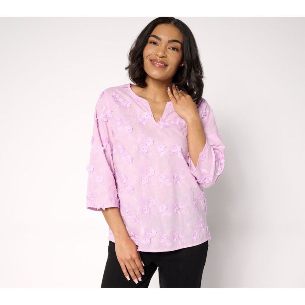SUNNYLiFE Women's Top Plus Sz 4X Embroidered Cotton Split Neck Purple